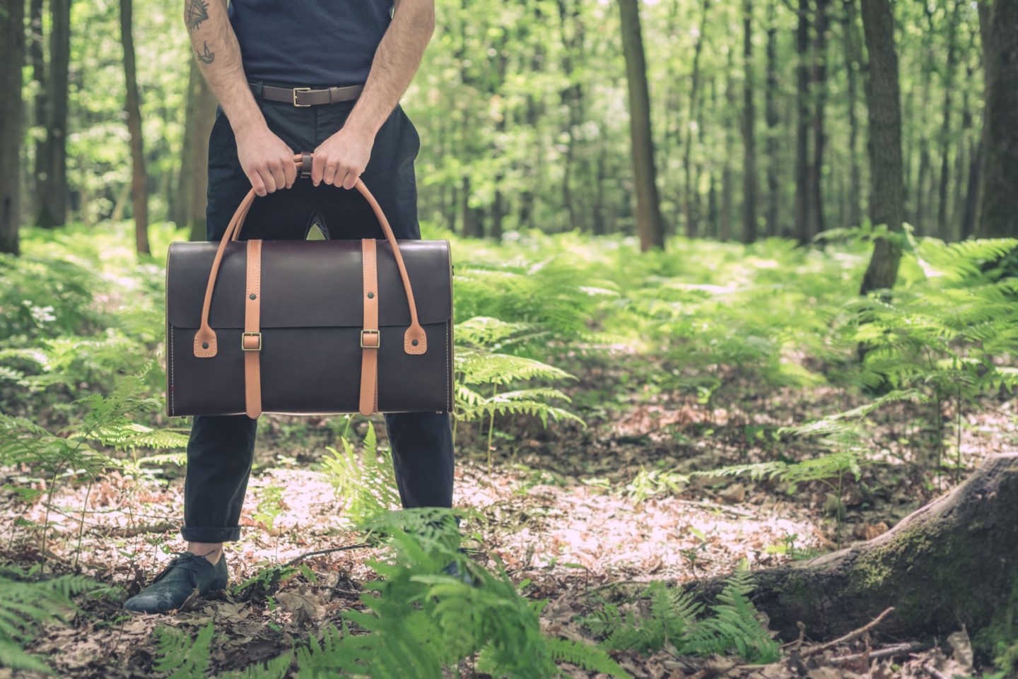 Sac de voyage, en cuir naturel à tannage végétal et bois, marron papaya et miel, Pause Weekend 2.0