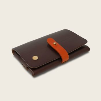 Portefeuille, porte-monnaie, XS, petit format, en cuir naturel à tannage végétal et bois, marron chocolat et orange