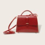 La Ninetta 2.0 autruche rouge cuir et bois Damien Béal 6 Sac à main féminin en cuir naturel à tannage végétal et bois, rouge imprimé autruche, La Ninetta