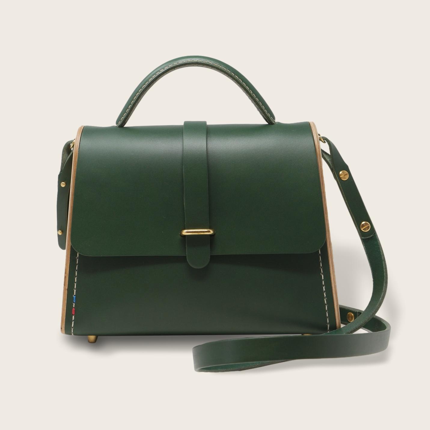 Sac à main féminin en cuir naturel à tannage végétal et bois, vert, La Ninetta