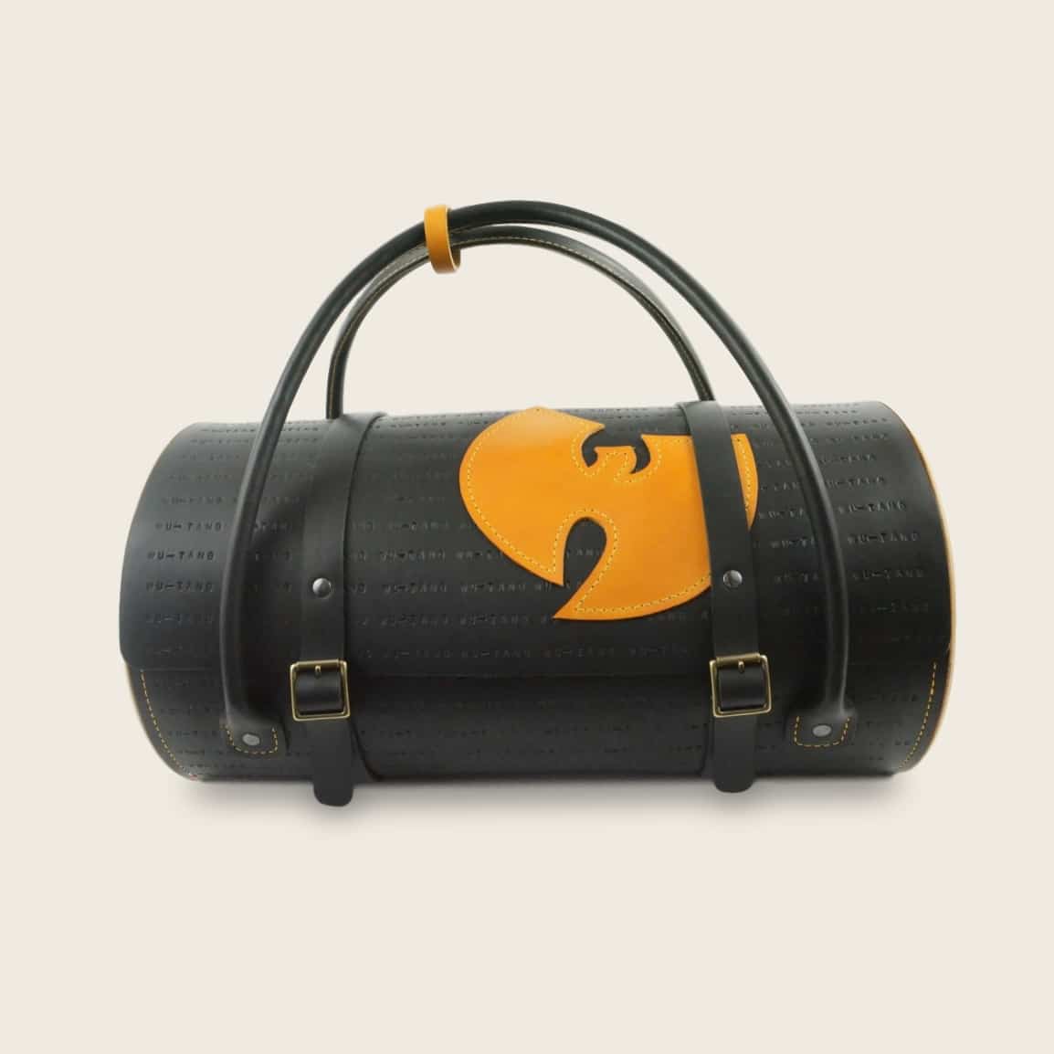 Sac de voyage en cuir naturel à tannage végétal et bois, logo du Wu Tang, pièce unique, Le Wu Bag
