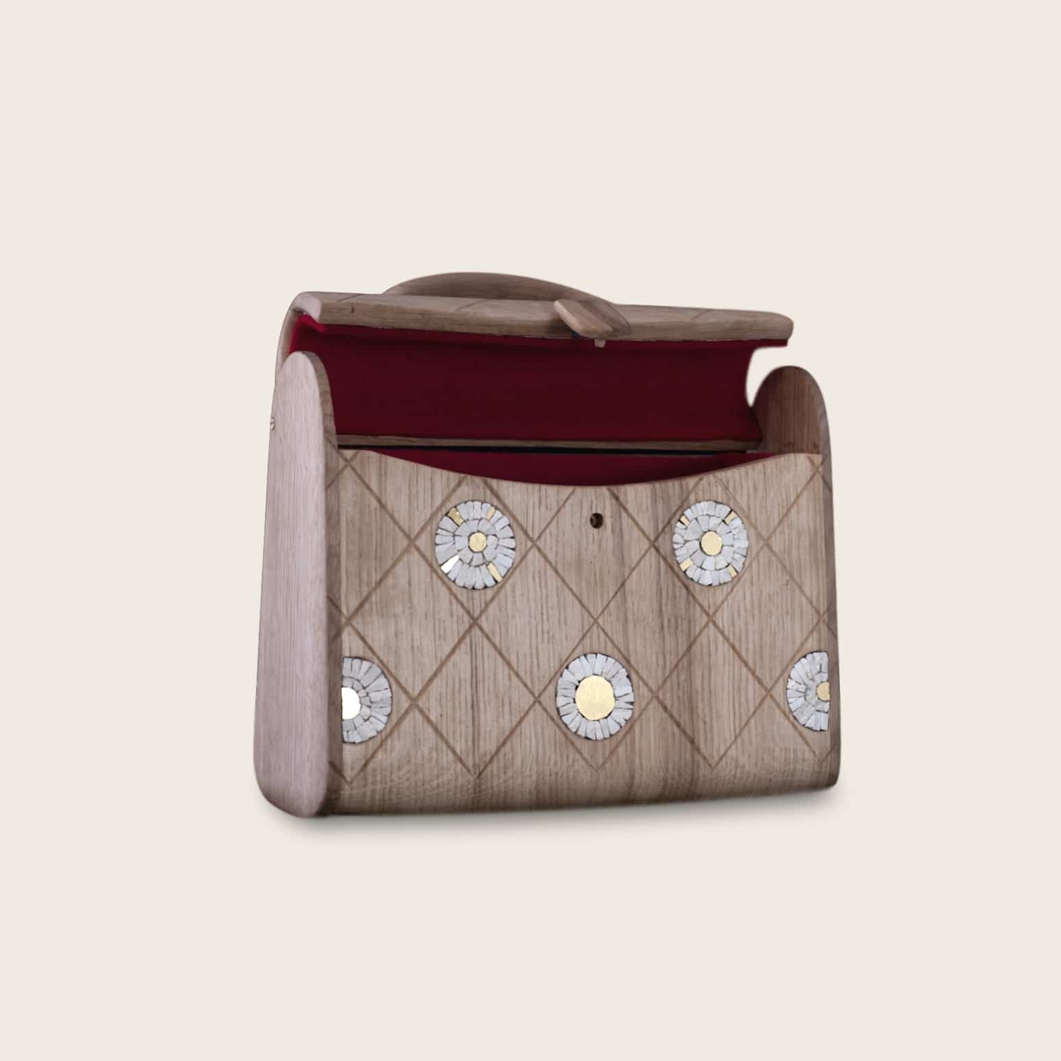 Sac à main en bois, incrusté de mosaïque, pièce unique, collaboration avec Erica Stefani, La Ninetta Bois