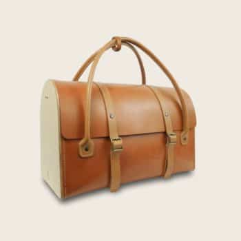 Sac de voyage, malle, en cuir naturel à tannage végétal et bois, marron whisky et miel, Le Pause Weekend 2.0