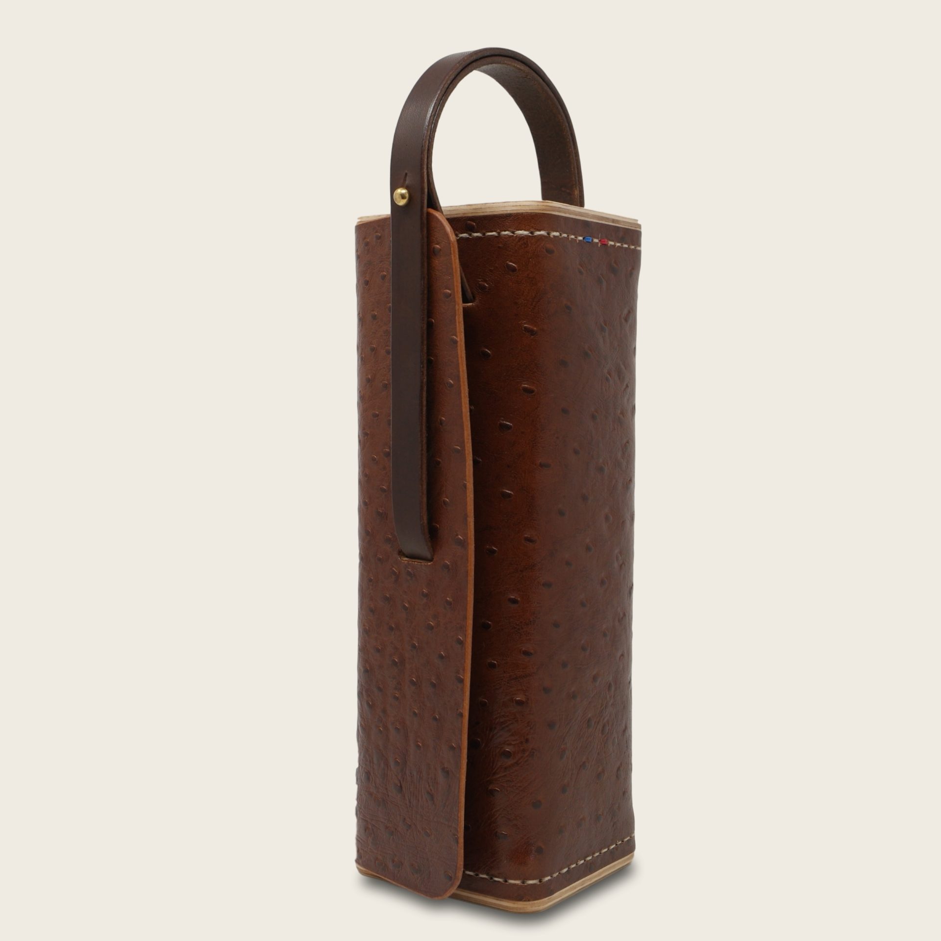 Etui à boules de pétanque en cuir naturel à tannage végétal et bois, marron imprimé autruche et chocolat, Le Bouliste