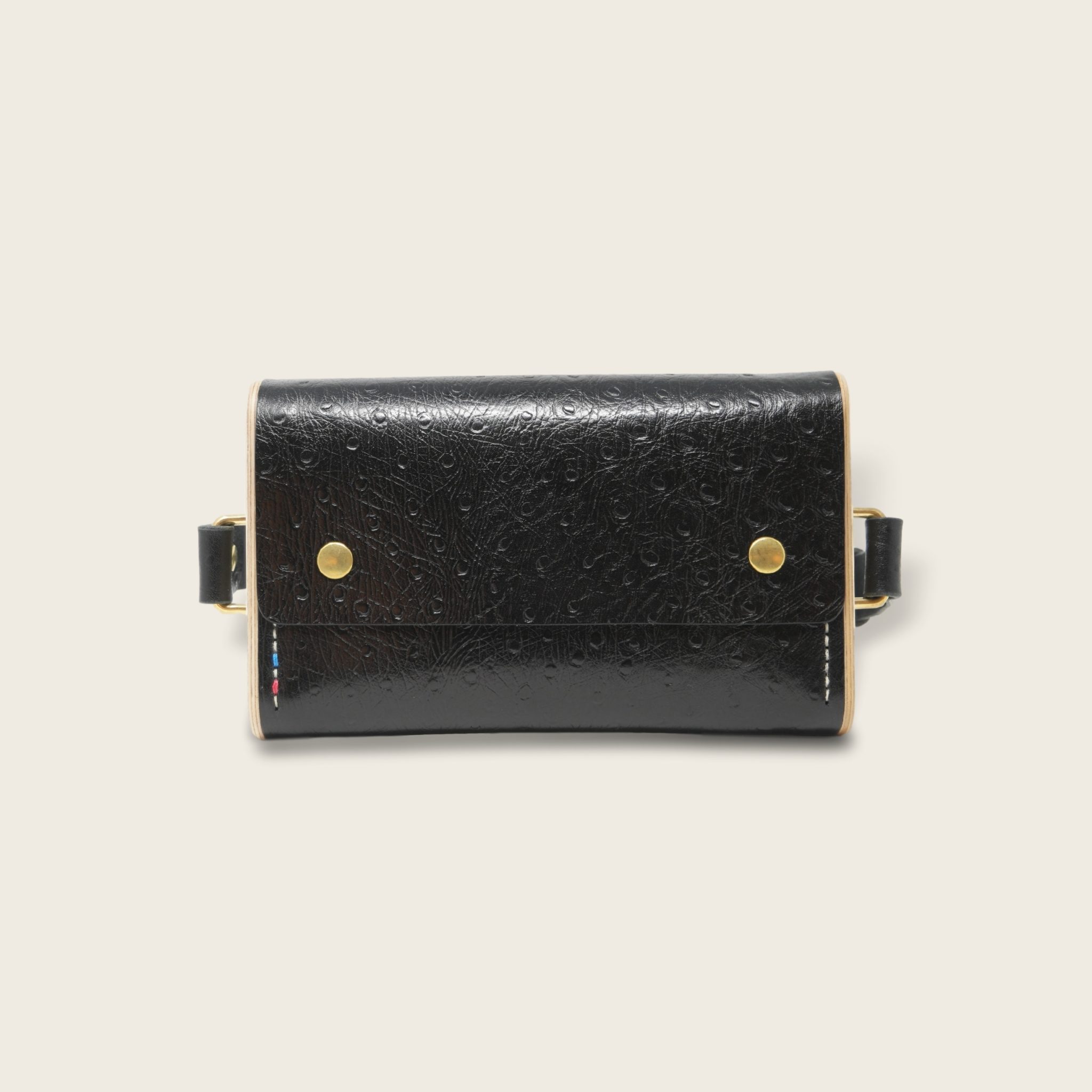Sac banane en cuir naturel et bois, autruche noir, Le Banana Strict, Damien Béal