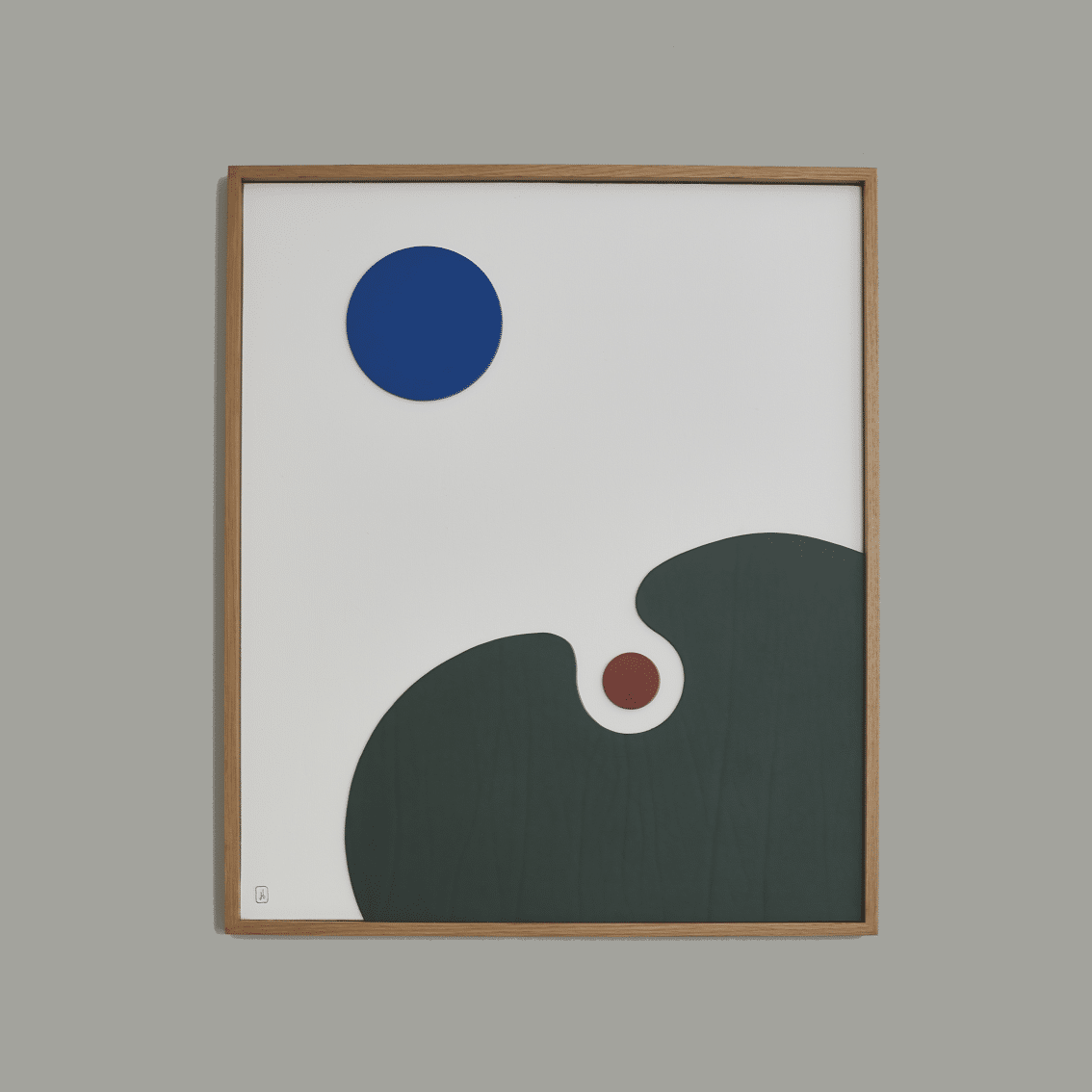 tableau bois et cuir damien beal Cercle bleu sur fond blanc